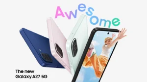 Samsung Galaxy A27 5G shown in blue, pink, and light green finishes alongside front view, with "Awesome" text above and model name below on clean white background.