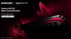 Samsung Galaxy M47 5G smartphone teaser, red and black design, camera module, Coming soon