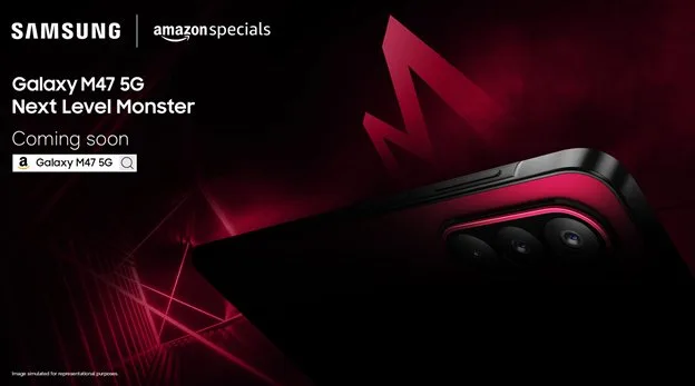 Samsung Galaxy M47 5G smartphone teaser, red and black design, camera module, Coming soon