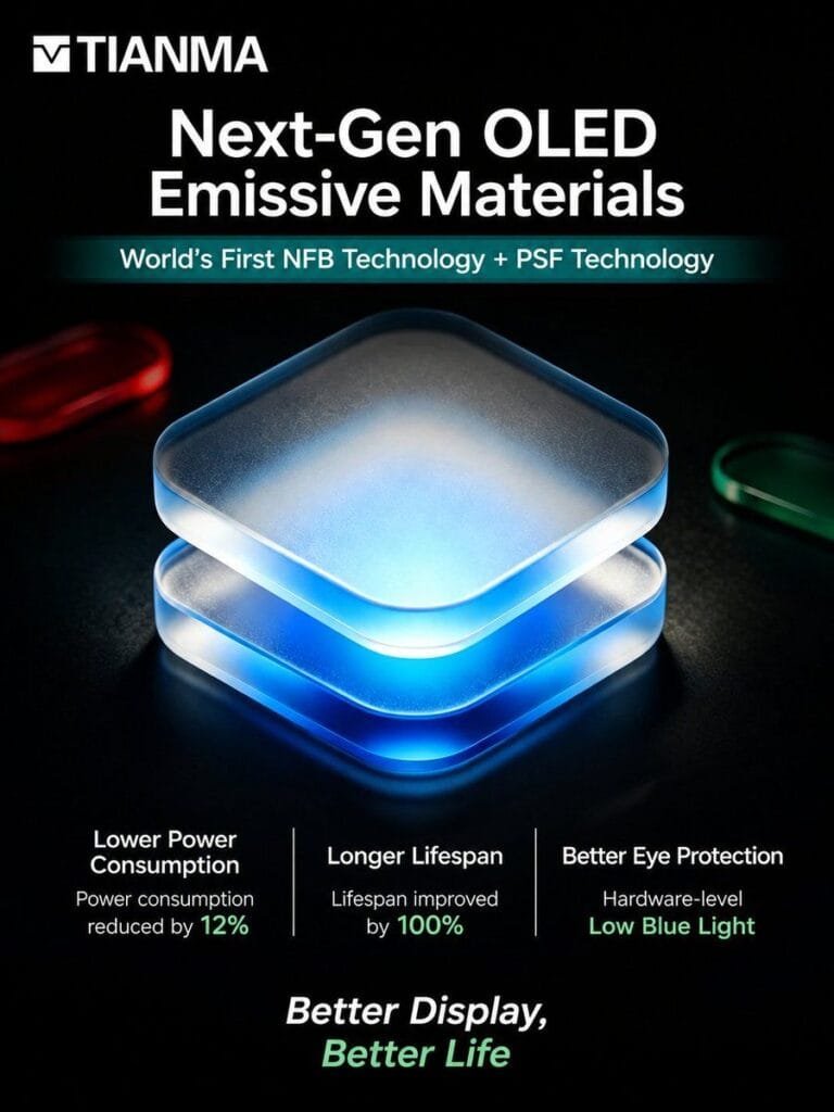Tianma promotional graphic for next‑gen OLED materials with world‑first NFB and PSF tech, highlighting 12% lower power, 100% longer life, and hardware‑level low blue light.