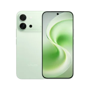 Vivo S60 Vitality Edition smartphone shown front and back, pale green finish, dual rear cameras, curved display with green wave design, black background