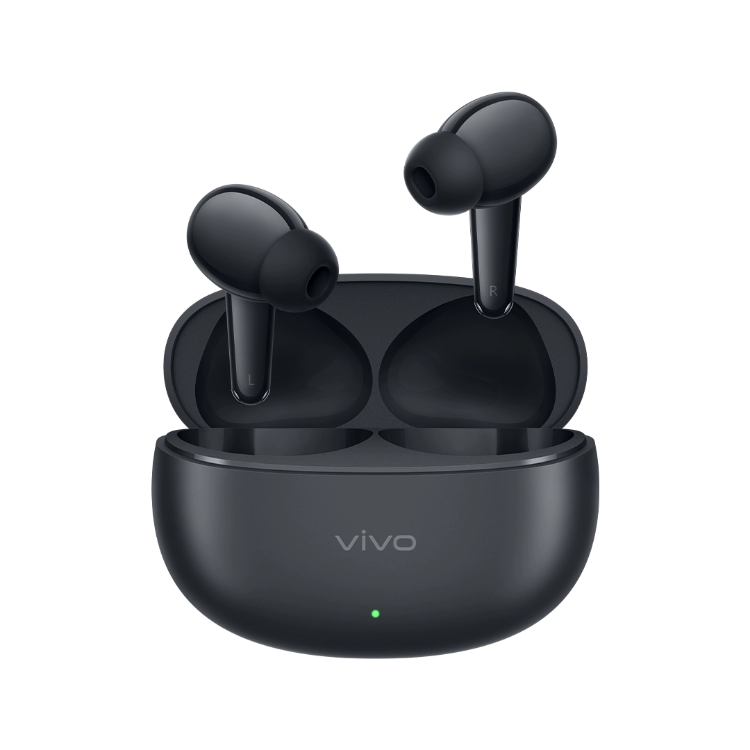 Vivo Launches Over‑Ear Noise Cancelling Headphones and TWS 5e Earbuds 2 Black Vivo TWS 5e true wireless earbuds displayed with their compact charging case, featuring a sleek design and visible LED indicator light