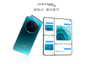 Vivo X Fold 6 foldable smartphone in blue-green finish, featuring Zeiss co-engineered camera system, large inner display with multi-window AI interface, launched in China