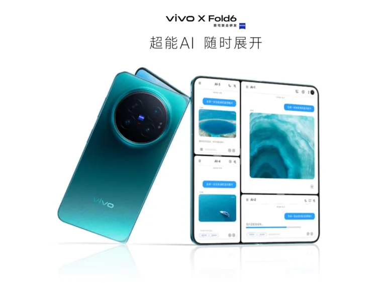 Vivo X Fold 6 launched in China; price starts at CNY 7,999 Vivo X Fold 6 foldable smartphone in blue-green finish, featuring Zeiss co-engineered camera system, large inner display with multi-window AI interface, launched in China