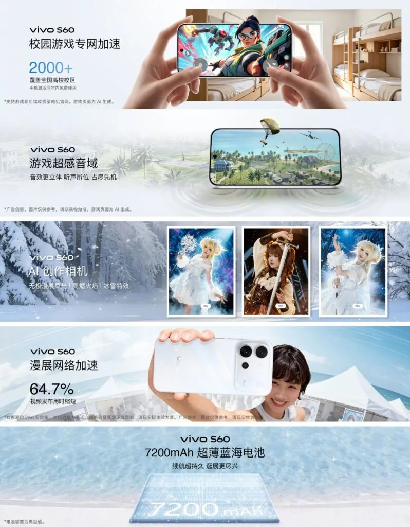 Vivo S60 Vitality Edition: AMOLED Display, Dimensity 7500 and 7,200mAh Battery 1 Vivo S60 series feature showcase: campus gaming network acceleration covering over 2,000 university campuses, immersive 3D audio for gaming, AI camera with anime‑style effects, network acceleration reducing video upload time by 64.7%, and 7200mAh ultra‑thin Blue Ocean battery for long battery life