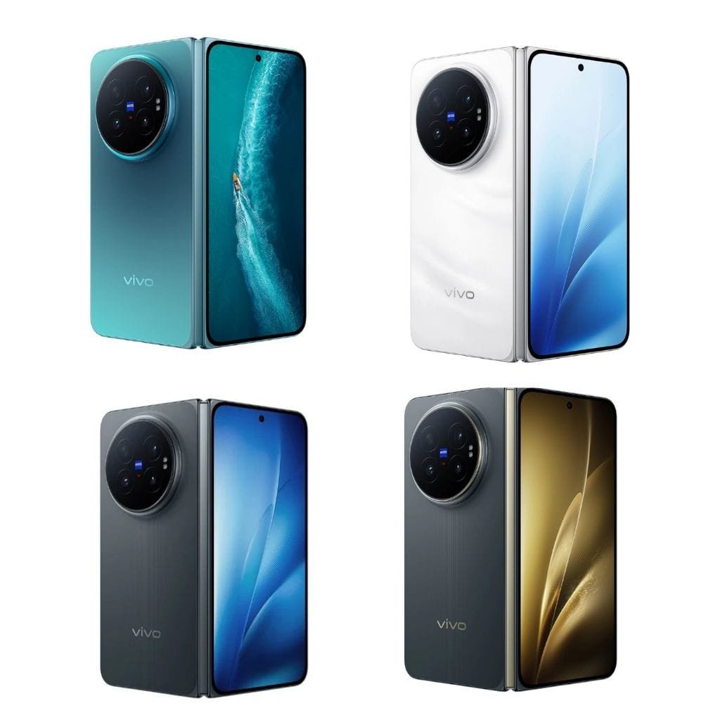 Vivo X Fold 6 foldable smartphone in four color options: Blue Cave, Salt Lake White, Extreme Night Gray, and Black Gold Edition, showing both closed outer screen and folded design with Zeiss camera system