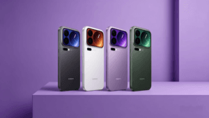 Xiaomi 17 Pro series smartphones displayed in four colors including gray, white, purple, and green, featuring a distinctive square camera module with large lenses on the back