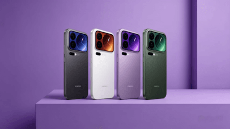 Xiaomi 17 Pro series smartphones displayed in four colors including gray, white, purple, and green, featuring a distinctive square camera module with large lenses on the back