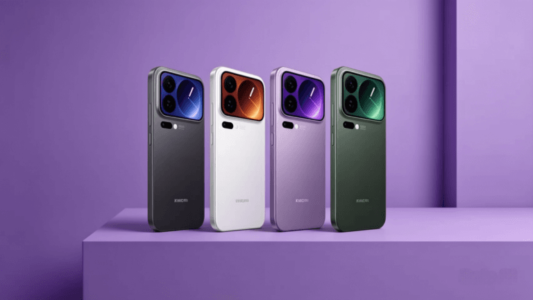Xiaomi 17 Pro series smartphones displayed in four colors including gray, white, purple, and green, featuring a distinctive square camera module with large lenses on the back