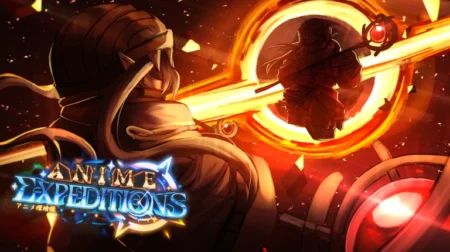 Promotional artwork for Roblox's Anime Expeditions, featuring a stylized anime character in warm orange and gold tones, with the game's glowing logo and dynamic energy effects in the background.