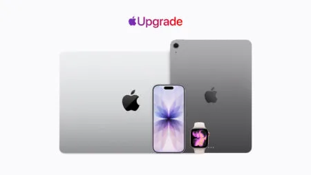 Apple Upgrade logo above a silver MacBook, iPhone 17 with purple floral wallpaper, space gray iPad, and Apple Watch with a pink and purple watch face