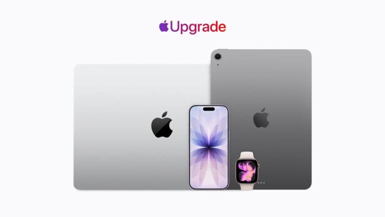 Apple Upgrade logo above a silver MacBook, iPhone 17 with purple floral wallpaper, space gray iPad, and Apple Watch with a pink and purple watch face