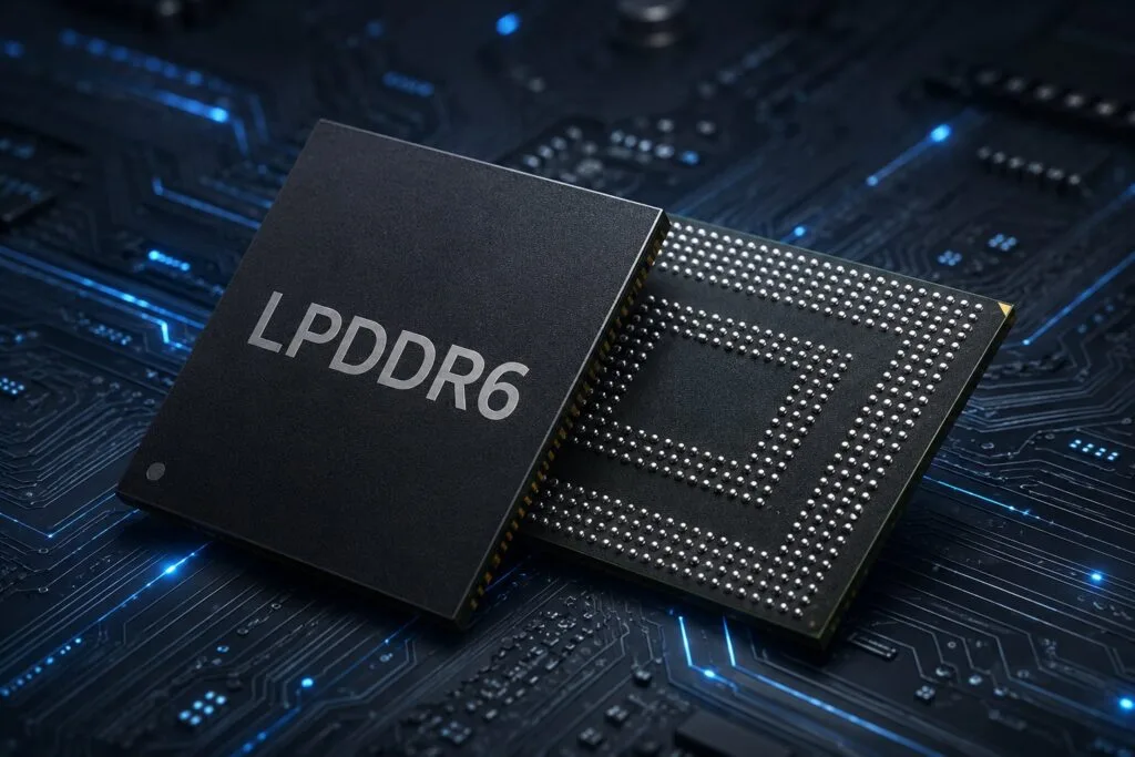 Close-up view of CXMT LPDDR6 memory chips, with one showing the LPDDR6 marking and the other revealing its contact pins, set against a glowing circuit board background.