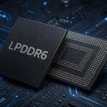 China's CXMT Reportedly Preparing for LPDDR6 Mass Production in Second Half of 2026 5 Close-up view of CXMT LPDDR6 memory chips, with one showing the LPDDR6 marking and the other revealing its contact pins, set against a glowing circuit board background.