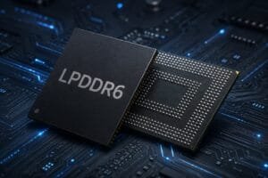 Close-up view of CXMT LPDDR6 memory chips, with one showing the LPDDR6 marking and the other revealing its contact pins, set against a glowing circuit board background.
