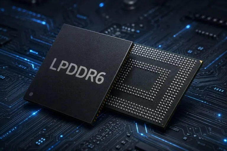 Close-up view of CXMT LPDDR6 memory chips, with one showing the LPDDR6 marking and the other revealing its contact pins, set against a glowing circuit board background.