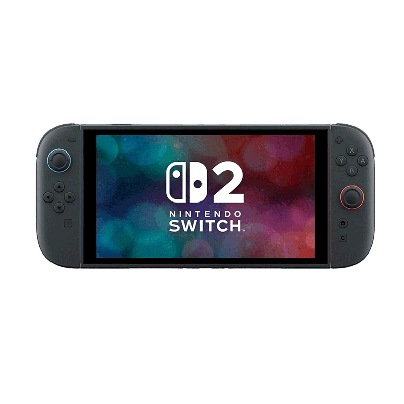 Nintendo Switch 2 Nintendo Switch 2 handheld console with black body, left Joy‑Con with blue accent ring, right Joy‑Con with orange accent ring, and screen displaying the official Nintendo Switch 2 logo against a soft blurred bokeh background.