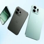 OnePlus N6 Launched in India: Mediatek Dimensity 6360 Apex and 8,000mah battery 4 Three views of the OnePlus N6 smartphone against a soft light blue background: one showing the front display, and two showing the rear design in Dark Gray and Fresh Mint colors. The back features a rectangular camera module with two lenses, an LED flash, and the OnePlus logo centered below.