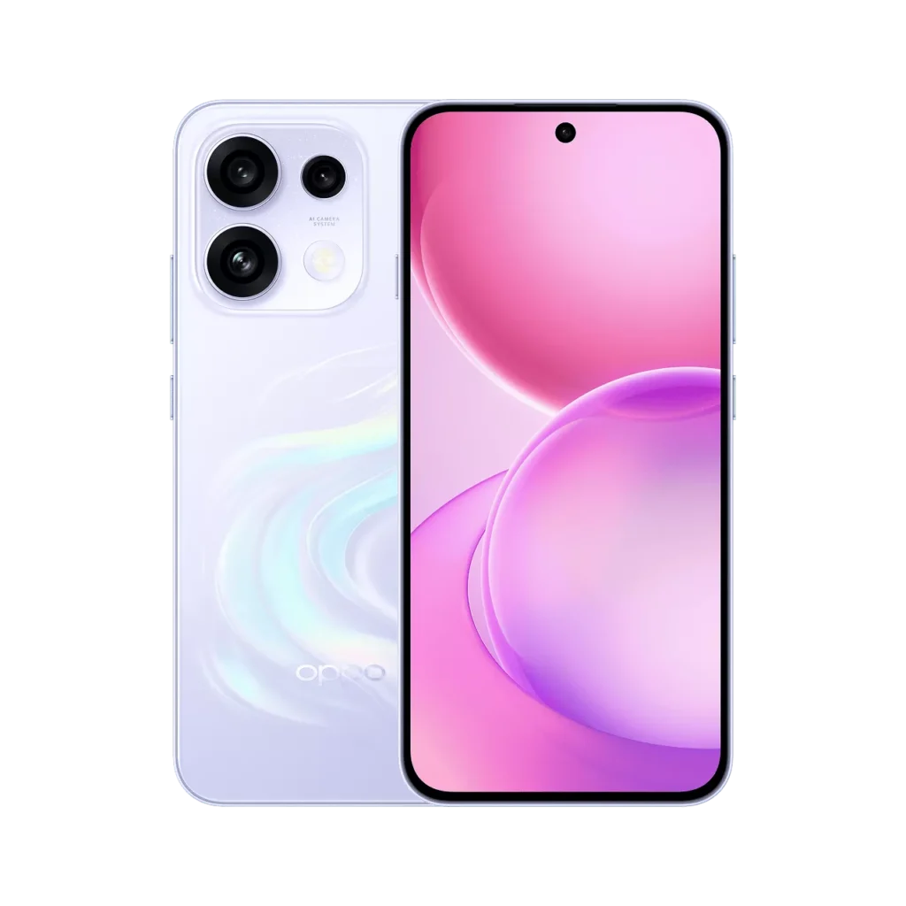 White Oppo Reno 16c smartphone displaying front screen with pink wallpaper and rear view showing triple camera module and sleek design