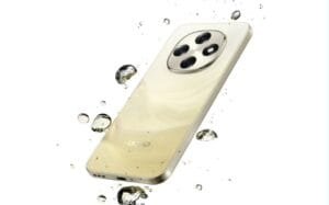 Oppo A7 Pro Max in champagne gold finish with quad rear camera setup, surrounded by water droplets.