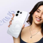 Oppo Reno 16 5G Launched in India with triple 50MP Camera Setup 4 Promotional shot for the Oppo Reno 16 series. A smiling woman holds up the white variant of the Reno 16c smartphone, showing its glossy back with the distinctive curved orbit pattern, triple camera module at the top left, and the Oppo logo near the bottom. Stylized "Reno16" text appears in light purple against a soft pale gradient background.