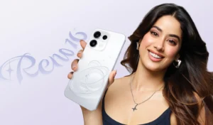 Promotional shot for the Oppo Reno 16 series. A smiling woman holds up the white variant of the Reno 16c smartphone, showing its glossy back with the distinctive curved orbit pattern, triple camera module at the top left, and the Oppo logo near the bottom. Stylized "Reno16" text appears in light purple against a soft pale gradient background.