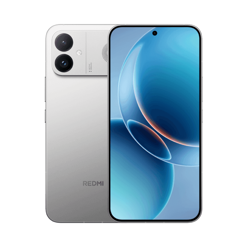Redmi K90 Ultra Front and back view of the Redmi K90 Ultra smartphone against a solid black background. The front features a flat edge to edge display with centered punch hole camera and vivid blue abstract wallpaper. The silver back panel shows the REDMI logo near the bottom, a vertical dual camera module at the top left, and a circular decorative pattern next to the lenses. The device has sharp angular sides and a sleek modern finish.
