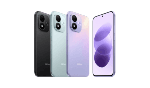 Redmi Note 17 smartphone shown in Black, Shallow Cyan, and Meteor Purple color options, displaying rear camera module and front screen