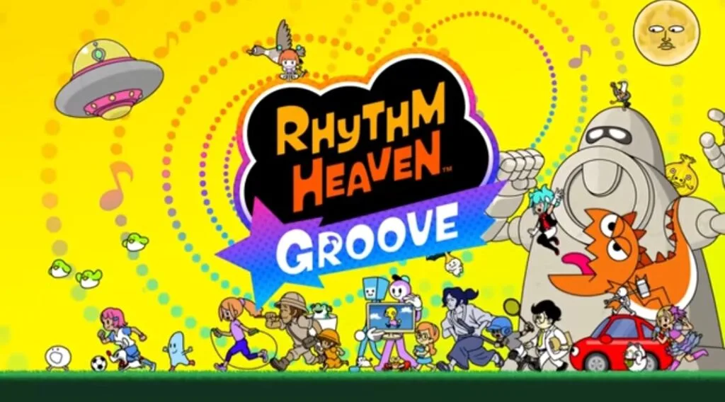 Rhythm Heaven Groove Officially Announced for Nintendo Switch 2 in the Philippines Vibrant promotional art for Rhythm Heaven Groove. The bold orange and black game logo sits center against a bright yellow background dotted with musical notes. A colorful cast of quirky series characters fills the scene including athletes explorers monsters and familiar faces from past titles. A flying saucer, large stone giant, grinning moon and red car appear alongside playful action poses all rendered in the franchise’s signature whimsical cartoon style.