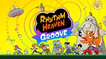 Vibrant promotional art for Rhythm Heaven Groove. The bold orange and black game logo sits center against a bright yellow background dotted with musical notes. A colorful cast of quirky series characters fills the scene including athletes explorers monsters and familiar faces from past titles. A flying saucer, large stone giant, grinning moon and red car appear alongside playful action poses all rendered in the franchise’s signature whimsical cartoon style.