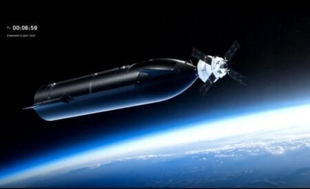 SpaceX Starship vehicle in low Earth orbit during pre-flight countdown, with Earth’s atmosphere visible below