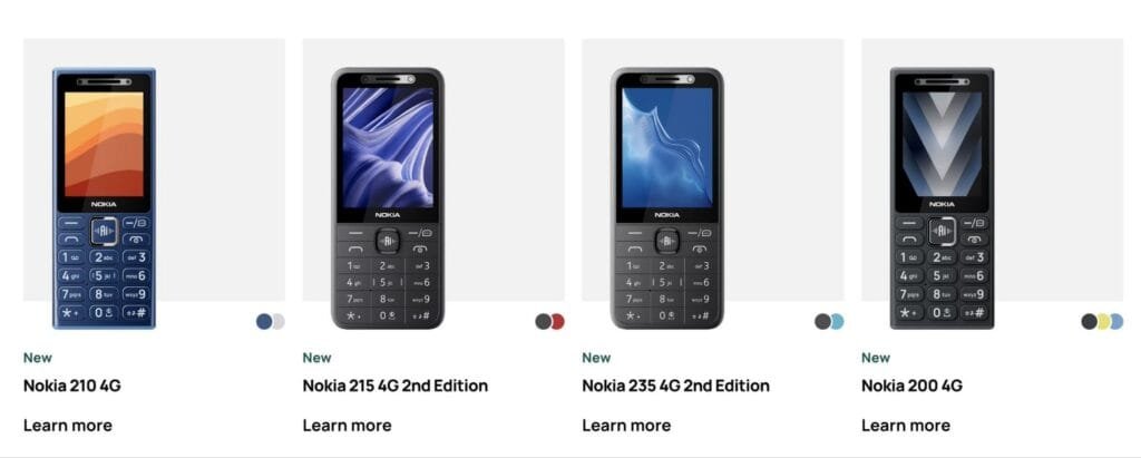 Product lineup graphic for the 2026 new HMD Nokia feature phone series. Shown left to right: Nokia 210 4G, Nokia 215 4G 2nd Edition, Nokia 235 4G 2nd Edition, and Nokia 200 4G. Each model features a physical keypad with the prominent dedicated AI button, color swatch previews, and "Learn more" links below every device.