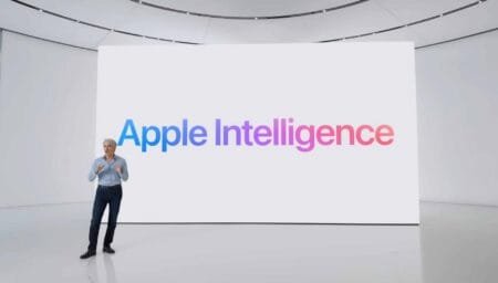Apple and Six Major Brands Secure Official AI Model Registration in China Apple executive presenting Apple Intelligence on large display during product launch event