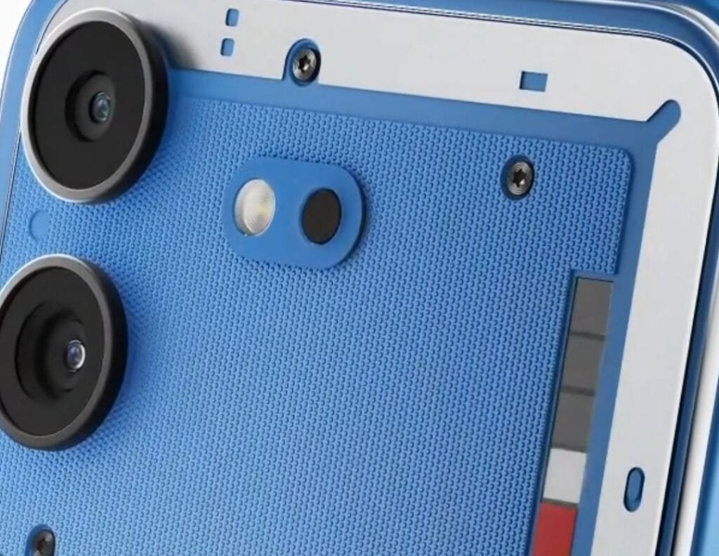 Nothing Phone (4b) Launched with Snapdragon 6 Gen 4 and New Glyph Bar Design 2 Close-up rear view of the Nothing Phone (4b) showing its textured blue camera module area, dual camera lenses, flash and sensor, and the new compact vertical Glyphs Bar light strip design.