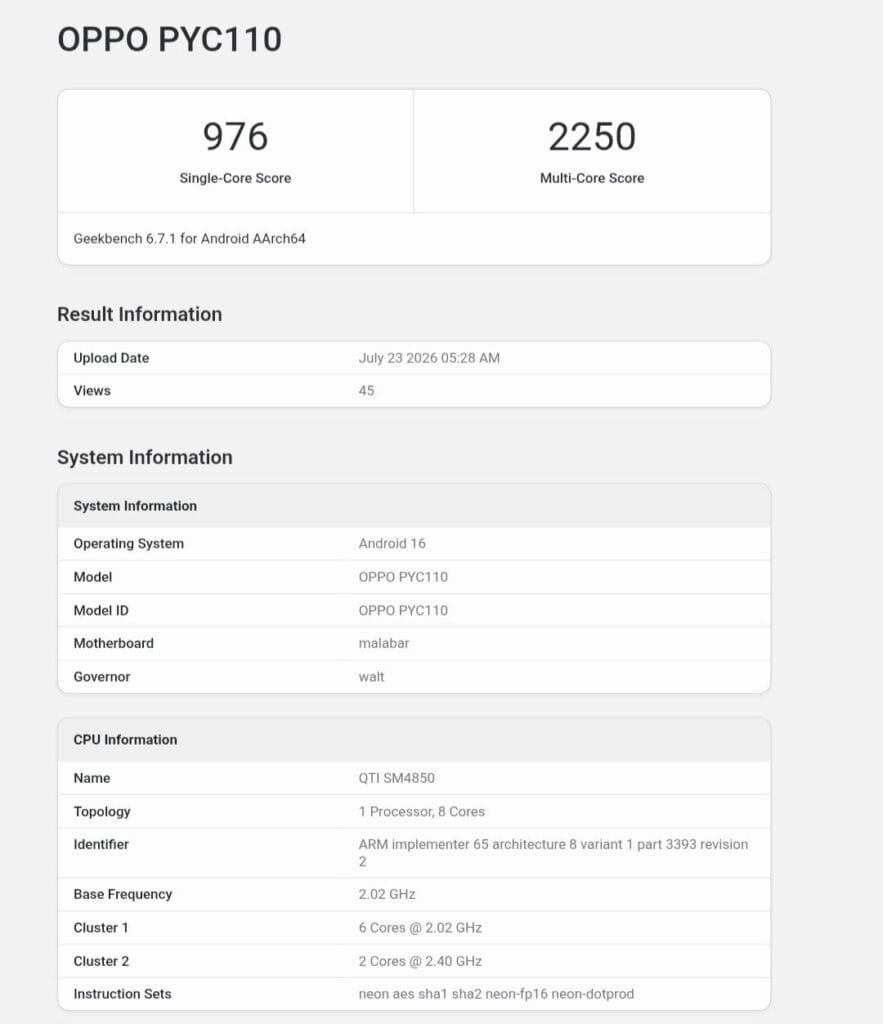 Oppo A7 Pro Max Spotted on Geekbench, Reveals Snapdragon 4 Gen Chipset 1 Oppo A7 Pro Max official render and benchmark result confirming Snapdragon 4 Gen 5 chipset and 10000mAh battery.