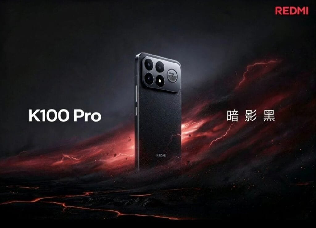 Redmi K100 Series Spotted on Geekbench with Snapdragon 8 Elite Gen 5 4 Official promotional render of the Redmi K100 Pro in Space Silver finish. The phone displays its smooth silver rear, camera array, and circular BOSE speaker detail against a backdrop of grey clouds and orange lightning. Text labels read "K100 Pro" and "Space Silver", with the REDMI logo in the top corner.