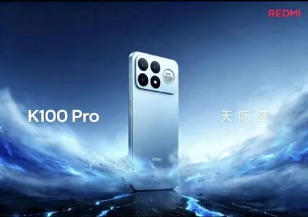 Official promotional render of the Redmi K100 Pro in Sky Blue finish. The phone stands at a slight angle showing its rear panel, square camera module with four lenses, and circular speaker grille marked BOSE. The background features swirling blue clouds and lightning, with "K100 Pro" and "Sky Blue" text alongside the REDMI logo.