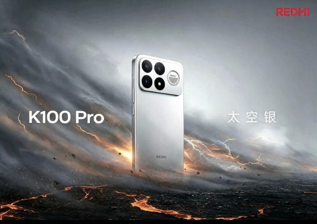 Redmi K100 Series Spotted on Geekbench with Snapdragon 8 Elite Gen 5 3 Official promotional render of the Redmi K100 Pro in Space Silver finish. The phone displays its smooth silver rear, camera array, and circular BOSE speaker detail against a backdrop of grey clouds and orange lightning. Text labels read "K100 Pro" and "Space Silver", with the REDMI logo in the top corner.