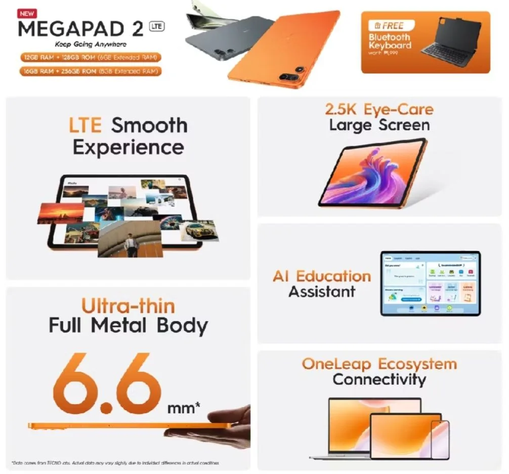Promotional graphic for the newly launched Tecno Mega PAD 2 LTE, showing Space Grey and Cosmic Orange color variants, plus a free Bluetooth keyboard. Key highlights include 2.5K eye‑care display, LTE connectivity, 6.6mm ultra‑thin full metal body, AI Education Assistant, and OneLeap cross‑device ecosystem support. Available in 6GB RAM plus 128GB and 8GB RAM plus 256GB configurations.