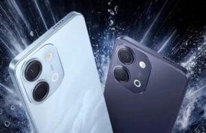 Rear design of vivo T5 Lite in light blue and dark blue color options, showing dual-camera layout and circular flash