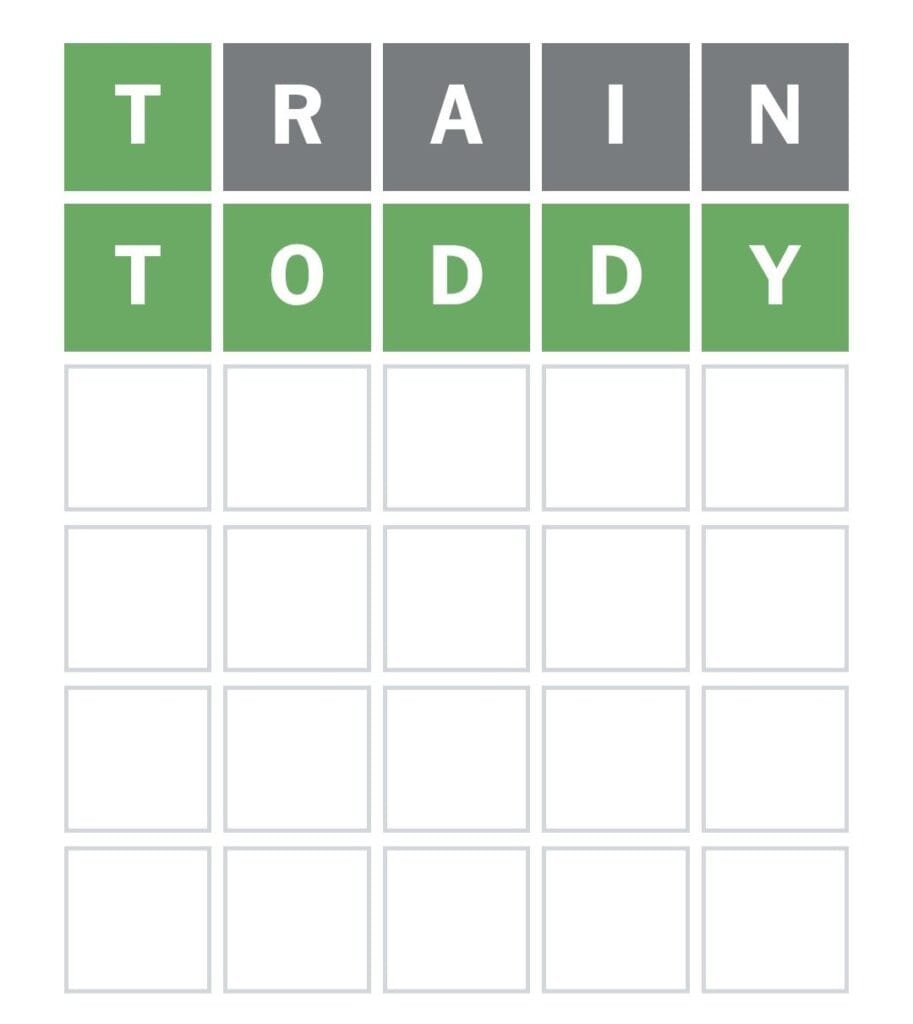 Today’s Wordle Hints & Answer: July 6, 2026 (Puzzle #1843) 1 NYT Wordle game board showing the solution for July 6, 2026. The first guess is TRAIN, with T and N marked green for correct placement, while R, A, and I are gray. The second guess TODDY appears fully green, confirming it as the correct answer. The remaining four rows are blank and ready for play.
