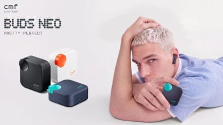 CMF Buds Neo official promotional image showing three charging cases in Black, White with orange accent, and Dark Blue with turquoise accent, plus a person wearing the earbud, with text reading CMF by Nothing, Buds Neo, Pretty Perfect.