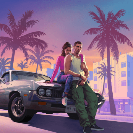 GTA 6 Extended Look Released: Everything Shown in the 27-Minute Video Grand Theft Auto VI official key art showing protagonists Lucia and Jason sitting on the hood of a classic muscle car against a sunset Vice City backdrop with palm trees and Art Deco buildings, GTA 6 Extended Look reveal.