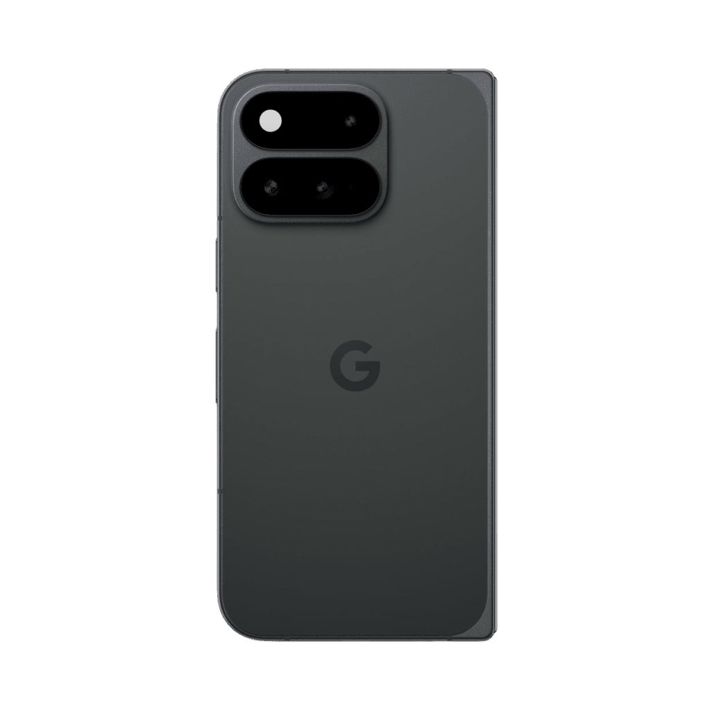 Google Pixel 11 Pro Fold back view in matte dark green finish, vertical dual-camera bar with four lenses, flash, and centered G logo on smooth rear panel.