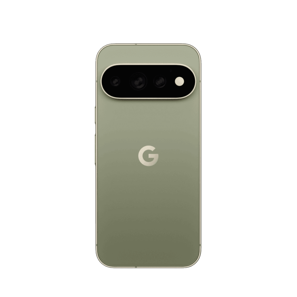 Google Pixel 11 Pro back view in muted sage green finish with gold trim, showing signature horizontal camera bar with three lenses, flash, and centered G logo on matte rear panel.