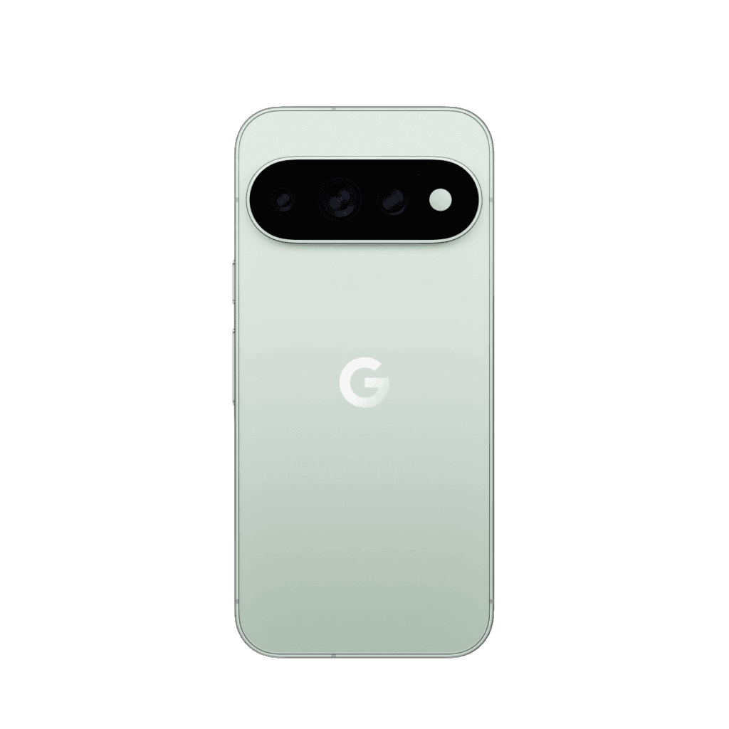 Google Pixel 11 Pro XL back view in pale sage green finish, large horizontal camera bar with three lenses, flash, and centered G logo on smooth matte rear panel.