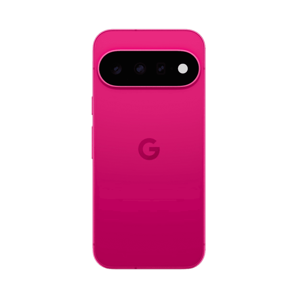 Google Pixel 11 back view in vibrant pink finish, showing horizontal camera bar with three lenses, flash, and centered G logo on matte gradient rear panel.