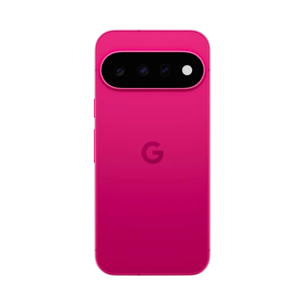 Google Pixel 11 back view in vibrant pink finish, showing horizontal camera bar with three lenses, flash, and centered G logo on matte gradient rear panel.