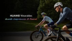 HUAWEI Wearables promotional banner showing two cyclists riding outdoors, with text reading Accurate. Comprehensive. AI-Powered.