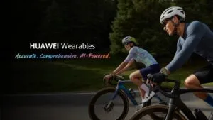 HUAWEI Wearables promotional banner showing two cyclists riding outdoors, with text reading Accurate. Comprehensive. AI-Powered.